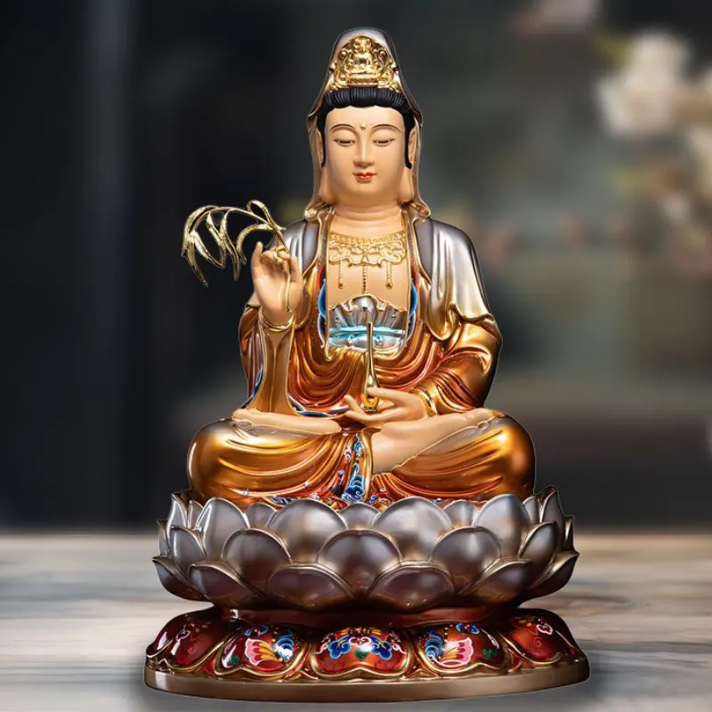 Sitzende Lotus-Guanyin-Bodhisattva-Statue aus Messing