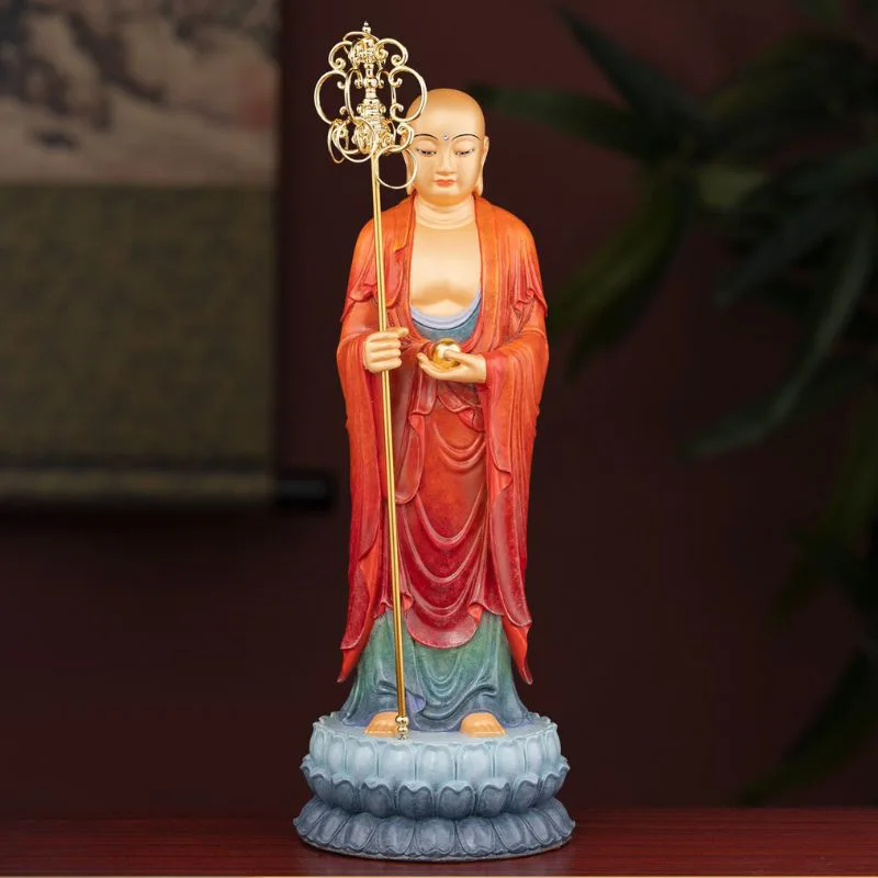 Hochwertige Ksitigarbha-Statue aus Messing mit stehendem Altarstab