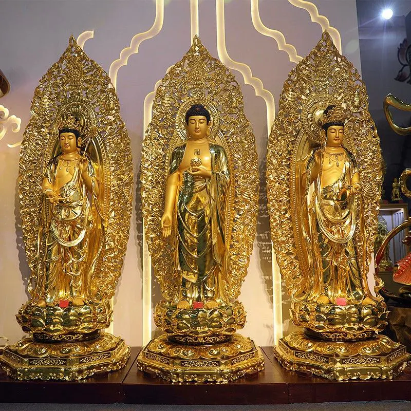 Western-Drei-Heiligen-Buddha-Statue aus reinem Kupfer