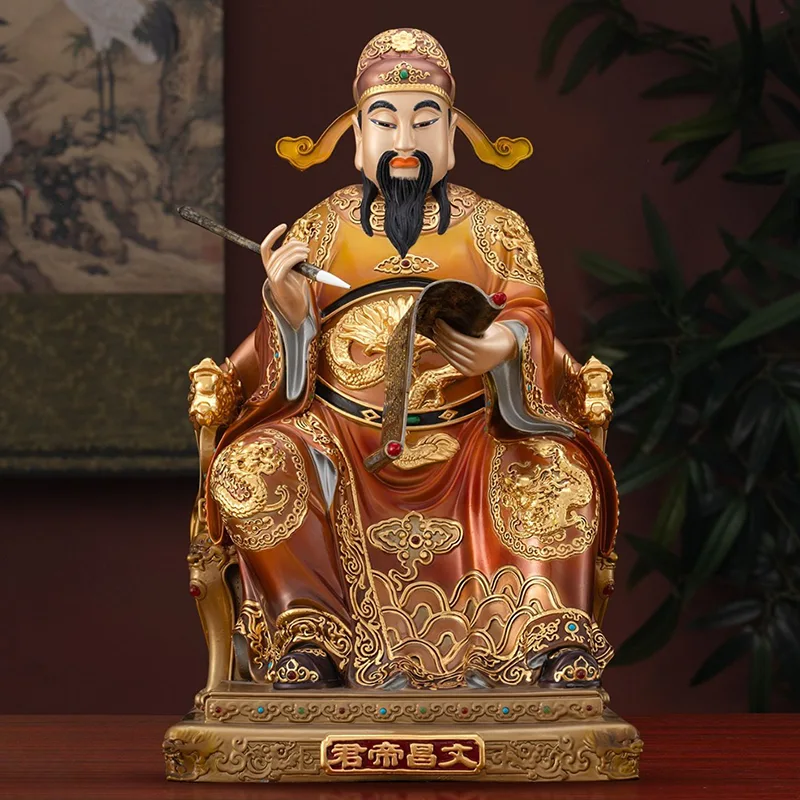Bemalte Wenchang-Statue aus massivem Messing mit Goldeinlagen